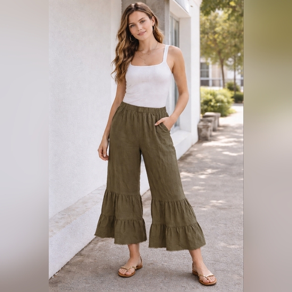 Umgee Linen Blend Ruffle Hem Pants Size Small Pockets Olive Green - Picture 2 of 14